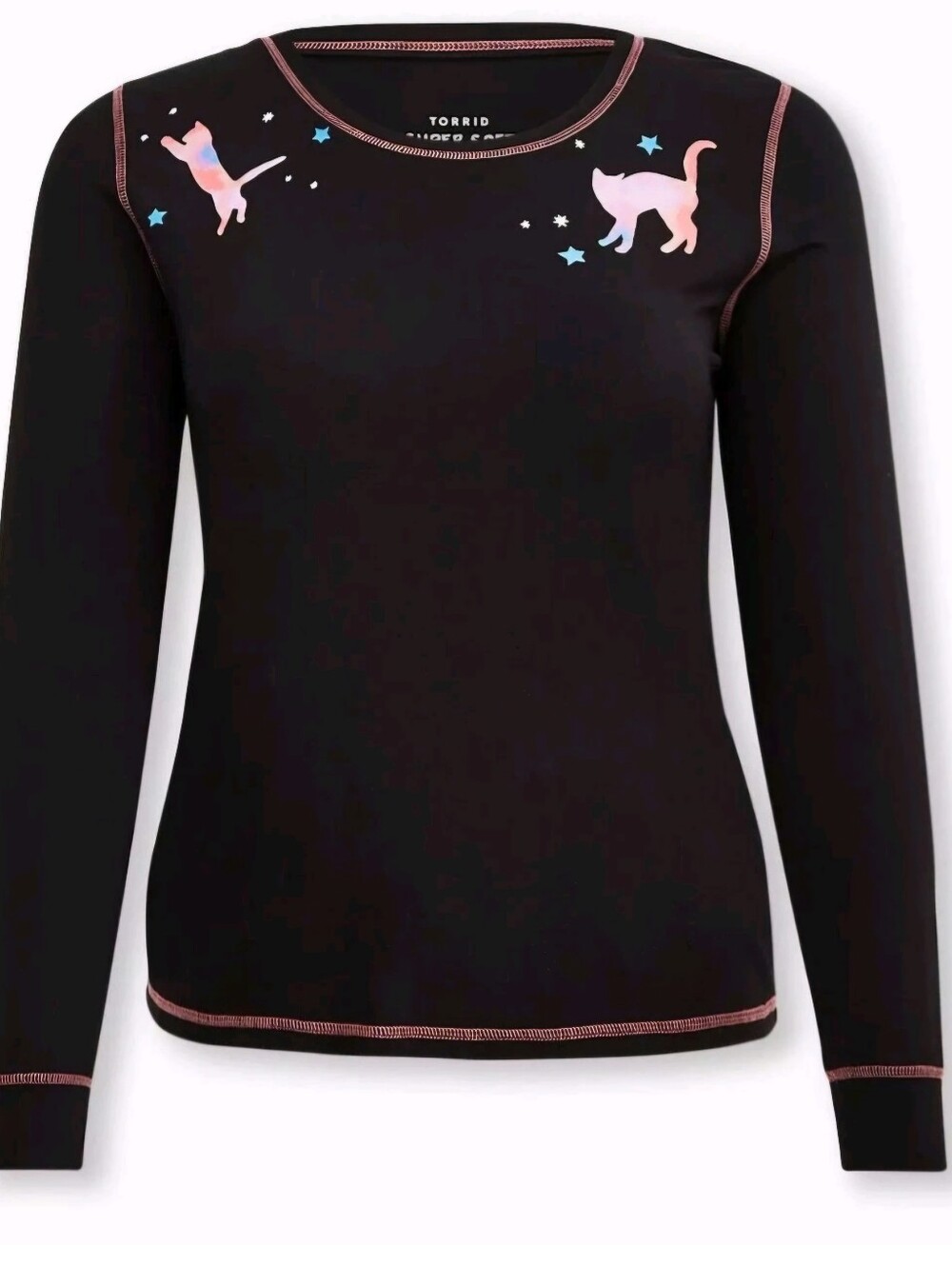 Torrid Black Long-Sleeve Tee Pajama top with Pink Cat & Blue Star Graphics